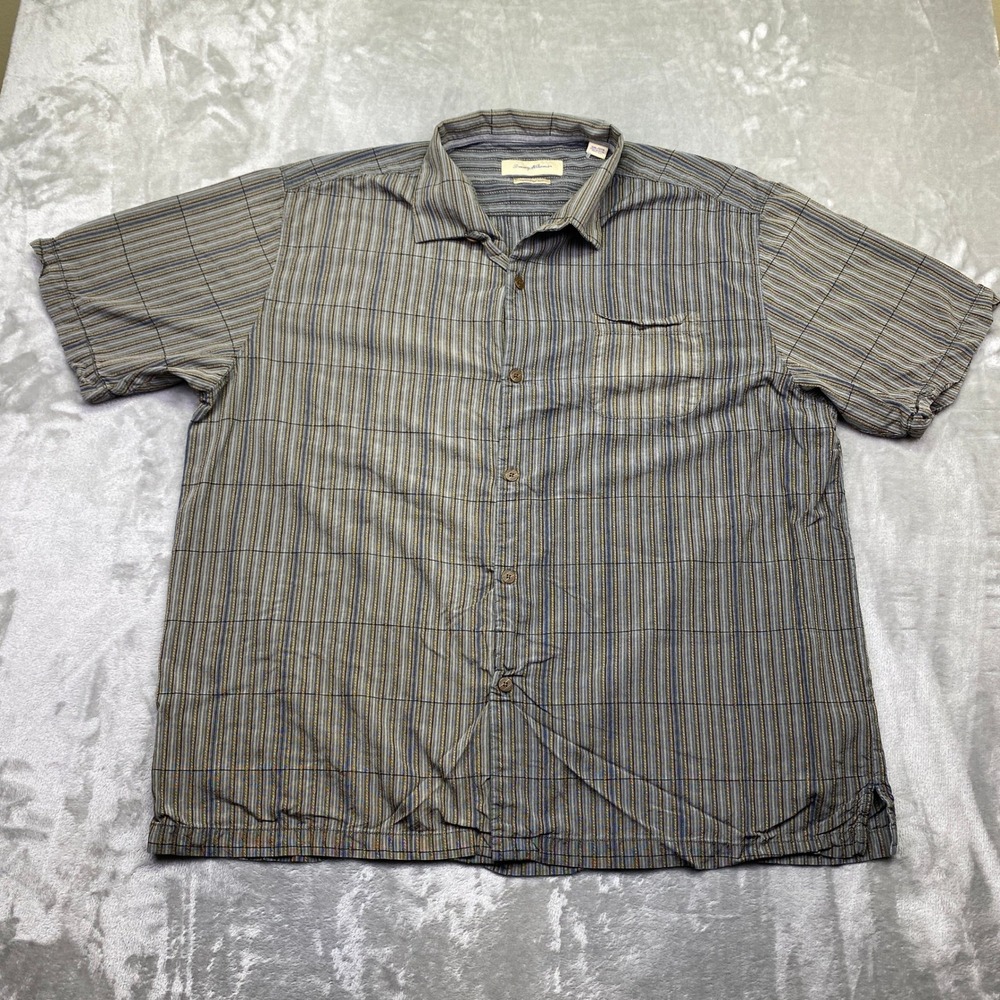 Tommy Bahama 3XL Silk Shirt Men Short Sleeve Button Up Gray Striped Original Fit